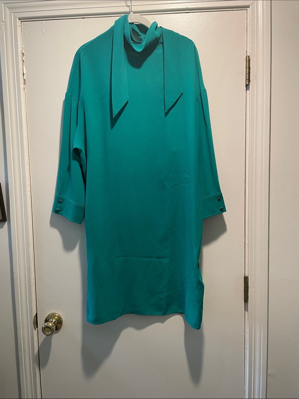 Hermes Green Silk Midi Dress with Logo Neck Tie